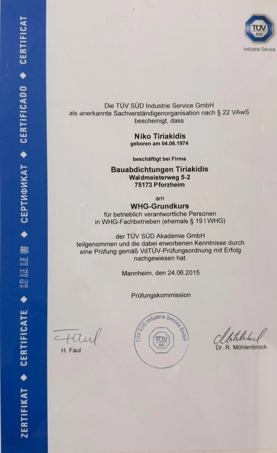 Bauabdichtungen- Bausanierungen Tiriakidis -  Komplette Renovierungsdienstleistungen – Zertifikat