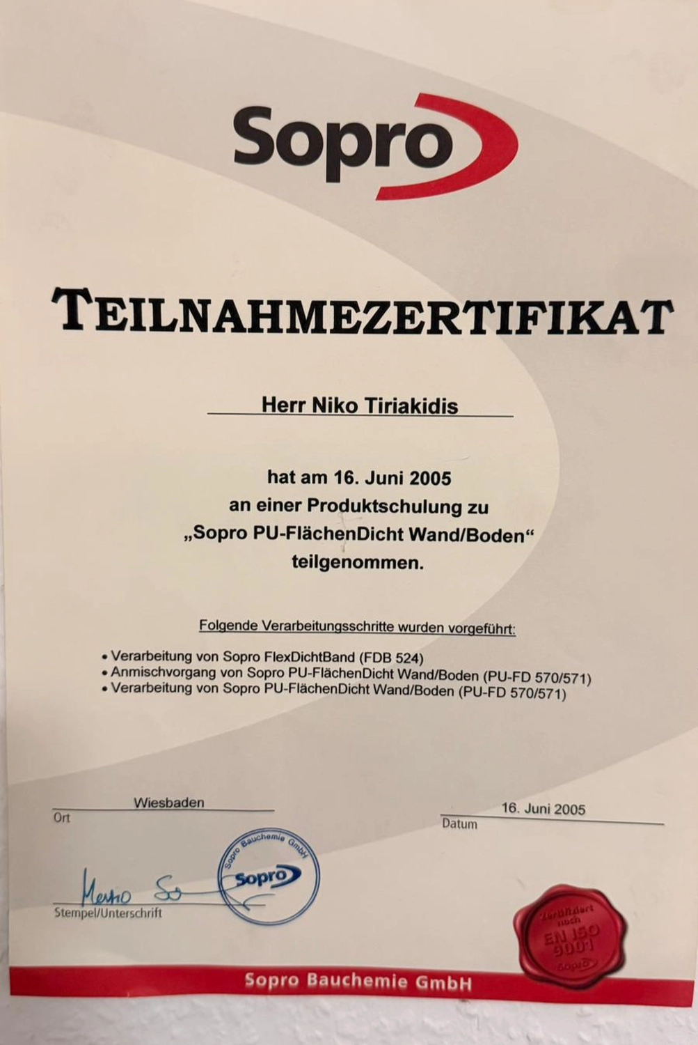 Bauabdichtungen- Bausanierungen Tiriakidis -  Komplette Renovierungsdienstleistungen – Zertifikat