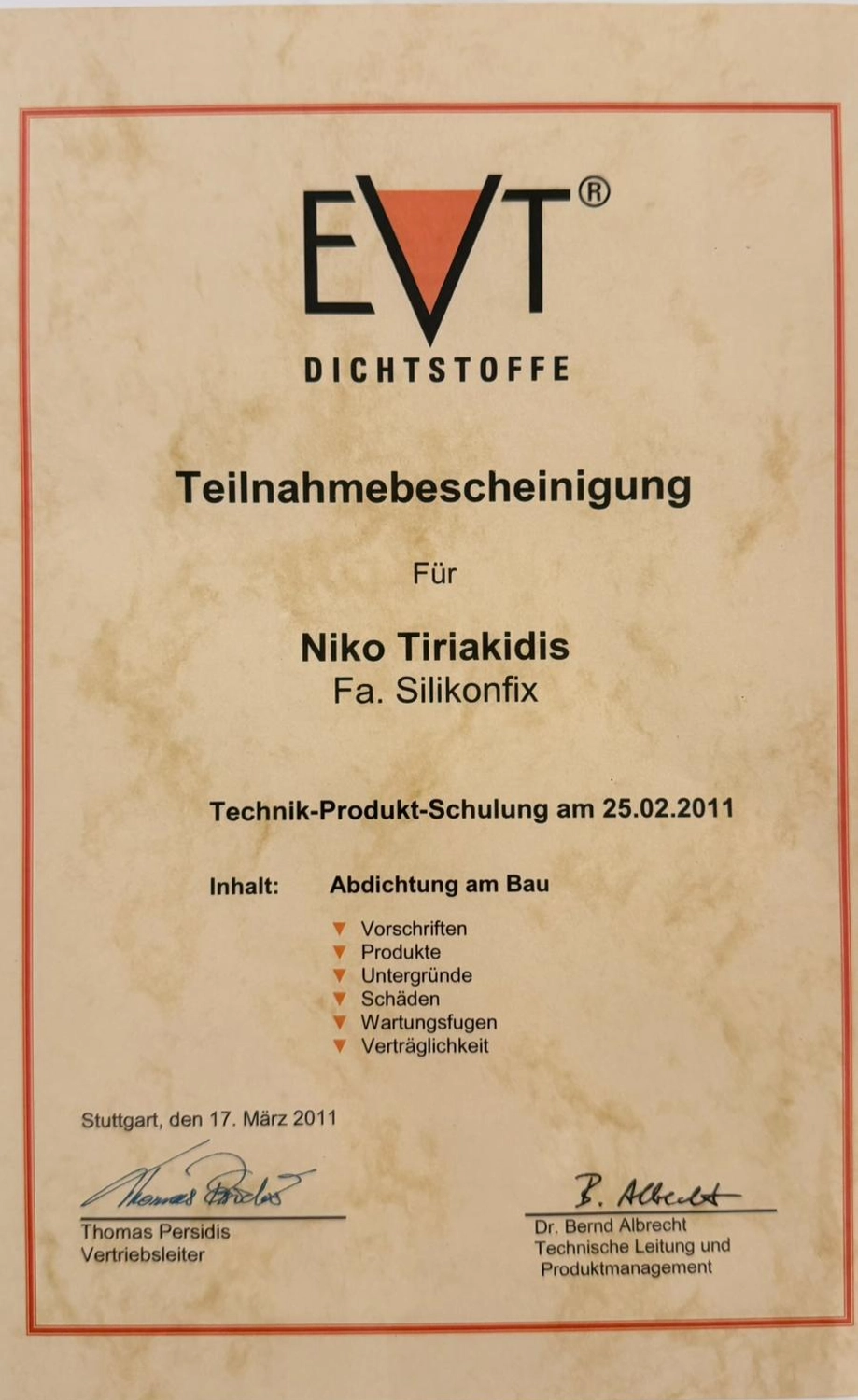 Bauabdichtungen- Bausanierungen Tiriakidis -  Komplette Renovierungsdienstleistungen – Zertifikat
