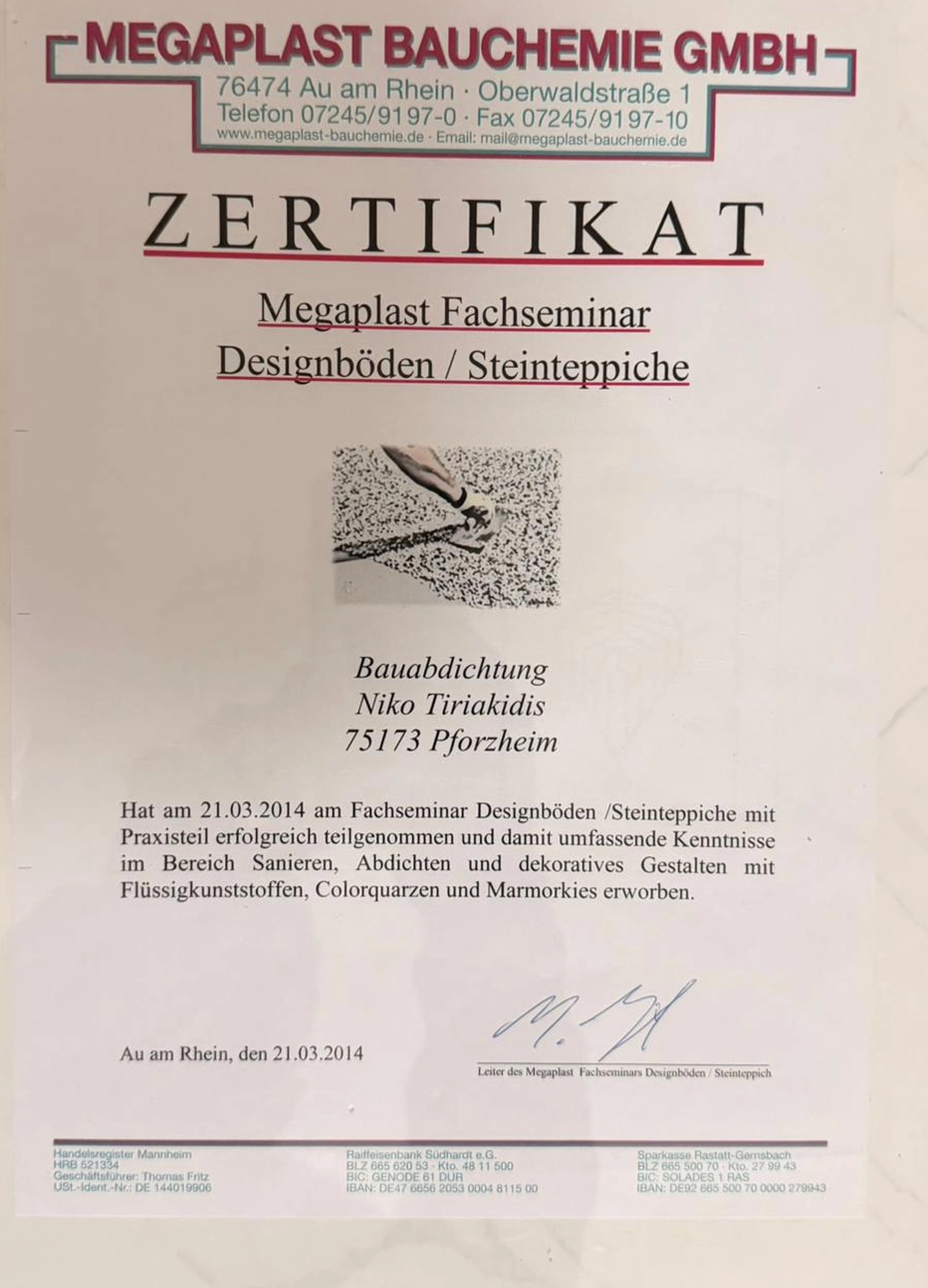 Bauabdichtungen- Bausanierungen Tiriakidis -  Komplette Renovierungsdienstleistungen – Zertifikat